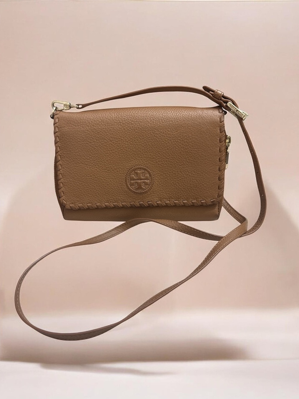 Tory Burch Tan Whipstitch Pebbled Leather Crossbody and Dust Bag - Picture 3 of 7